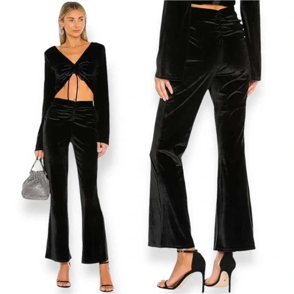 Michael Costello X Revolve Velvet Black Elegant Bell Bottom Ruched‎ Flare Pants